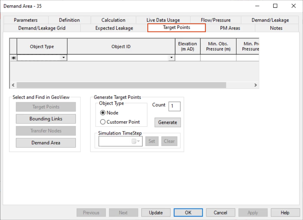 The properties dialog box for Demand Area 35, with the Target Points tab open and highlighted in red.