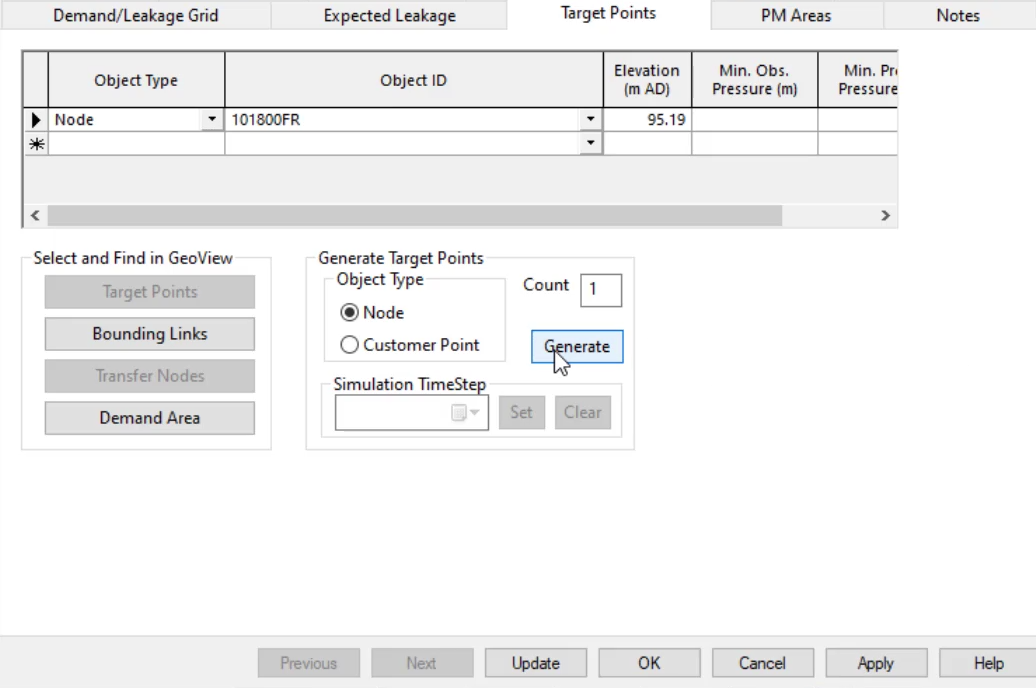 In the Demand Area 35 properties dialog box, Target Points tab, Node and Generate are selected and the list of target points appears in the grid.