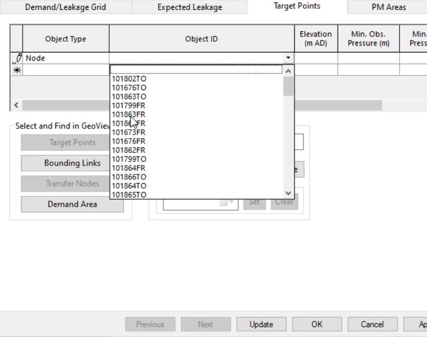 In the Demand Area 35 properties dialog box, Target Points tab, Node is selected under Object Type and the Object ID drop-down is expanded.