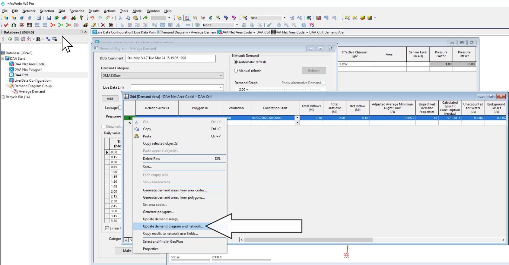 In the InfoWorks WS Pro interface, Demand Area Grid View, the shortcut menu for Demand Area 35 is displayed and Update demand diagram and network is selected.