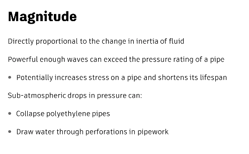 A presentation slide summarizes how the magnitude of a wave can affect pipes, potentially shortening their lifespan.