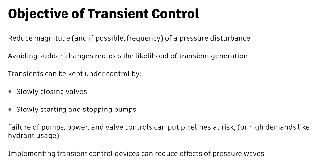 A presentation slide summarizes the objective of transient control to reduce magnitude by slowly closing valves and slowly starting and stopping pumps.