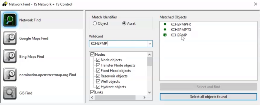 The Network Find dialog box, with the network and control for this exercise active, the asset ID inputted, and Select all objects found highlighted for selection.