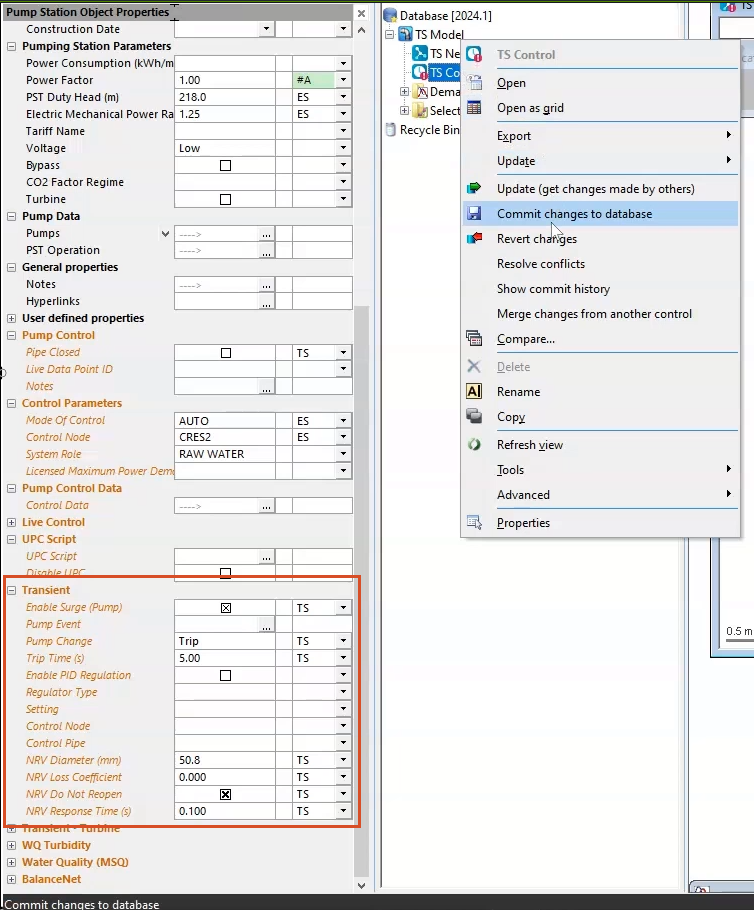 The Properties window, with the Transient parameters set for this exercise, and the TS Control shortcut menu expanded with Commit changes to database highlighted.