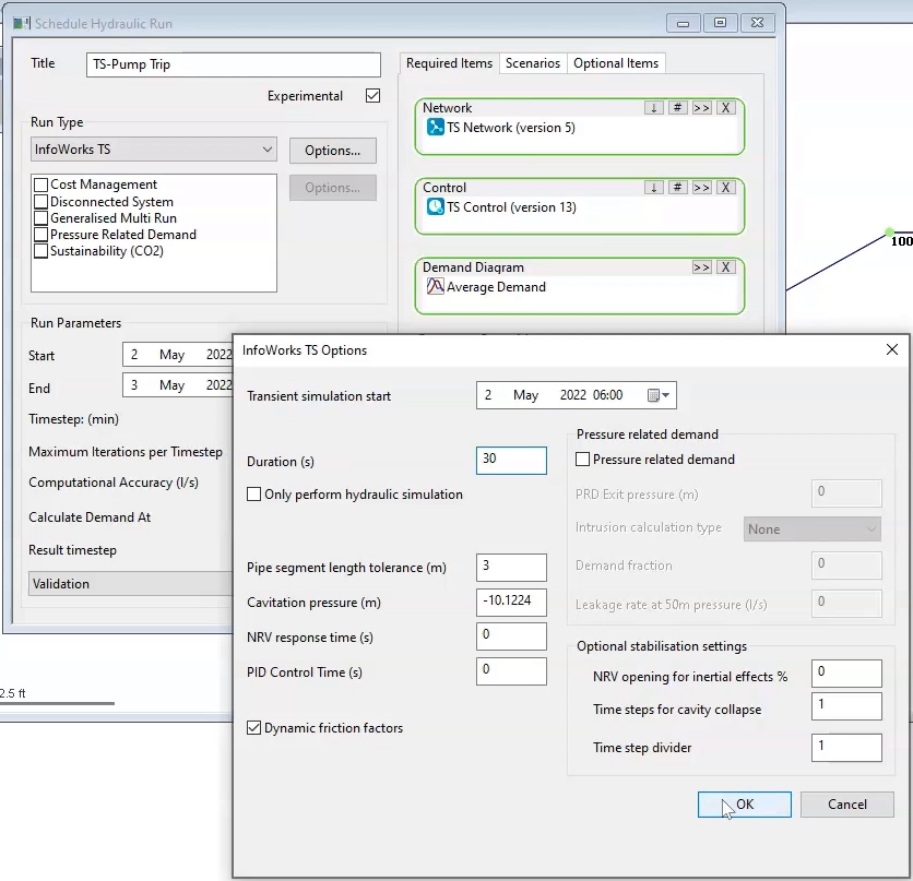 The InfoWorks TS Options dialog box, with the parameters set for this exercise, and the Schedule Hydraulic Run dialog box open in the background, with the TS-Pump Trip run active.