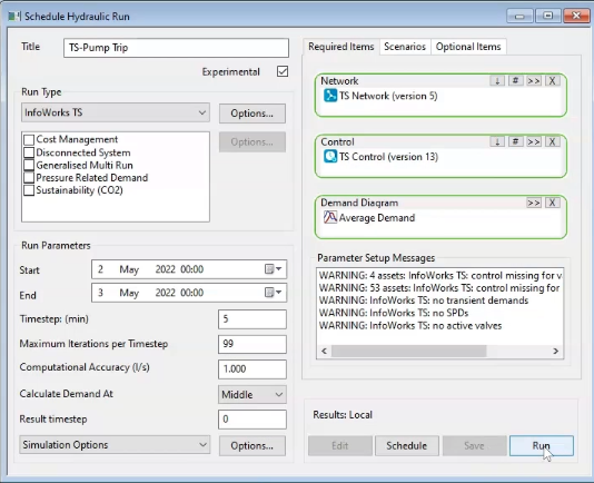 The Schedule Hydraulic Run dialog box, with the parameters set for this exercise.