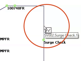 A closeup in the GeoPlan view of the pipe SV002.Surge Check.1 being selected for a surge check graph.