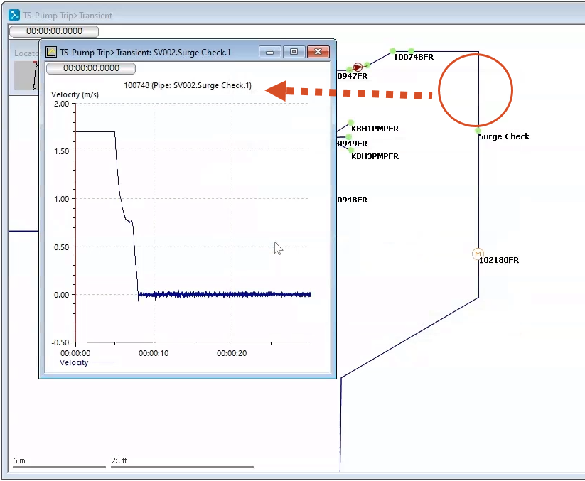 The Velocity graph showing in front of the GeoPlan view, with the selected pipe circled for which the velocity graph was created.