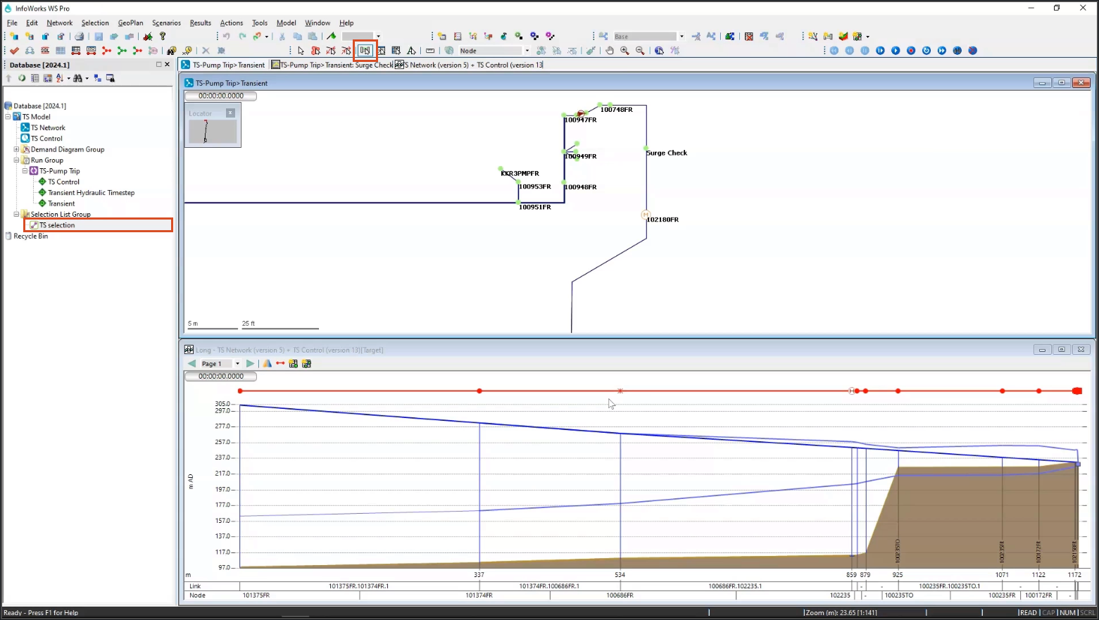 The “TS selection” selection list active in the GeoPlan, with its long section shown in the bottom panel.