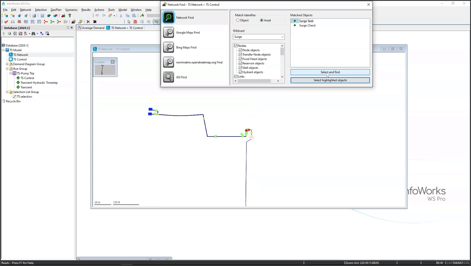 The InfoWorks WS Pro interface, with the TS Network open in the GeoPlan, the Network Find dialog box open, and the Surge Tank 1 object has been located in the network and centered in the GeoPlan view.