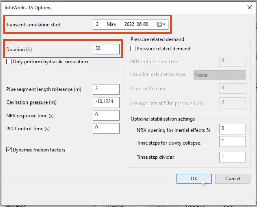 The InfoWorks TS Options dialog box, with the Transient simulation start time and Duration set for this exercise.