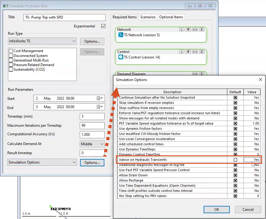 The Schedule Hydraulic Run dialog box open in the background, with the Options… button highlighted as selected, and the Simulation Options dialog box open in the foreground, and Advise on Hydraulic Transients enabled.