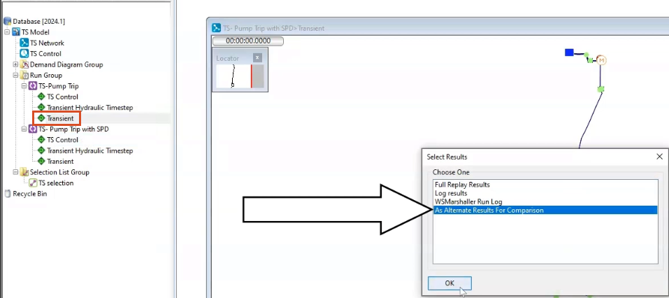 The Model Group and part of the GeoPlan window, with Transient highlighted in the Model Group and the Select Results dialog box open, with As Alternate Results for Comparison called out for use.