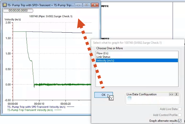 The Velocity graph showing the flow through pipe SV002.Surge Check.1, and in the foreground, the Select what to graph for dialog box, with Velocity selected as the graph type.