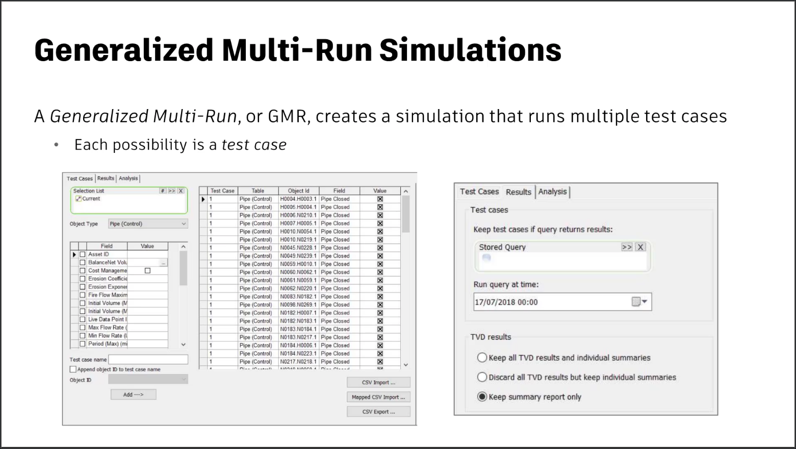 A presentation slide showing the definition of Generalized Multi-Run Simulations, with images of the Generalized Multi Run Configuration dialog box.