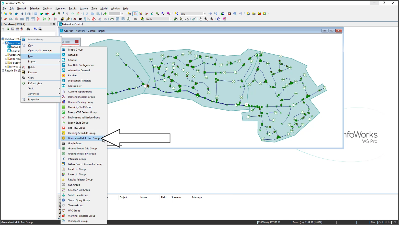 The InfoWorks WS Pro interface with a network and control open in the GeoPlan and a new Generalized Multi Run Group being created from the New flyout.