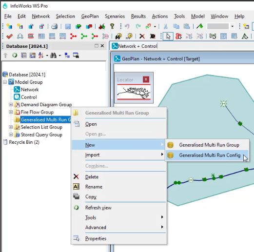 The corner of the InfoWorks WS Pro interface, with the submenu open for the Generalized Multi Run Group and a new GMR configuration being selected for creation from the flyout.