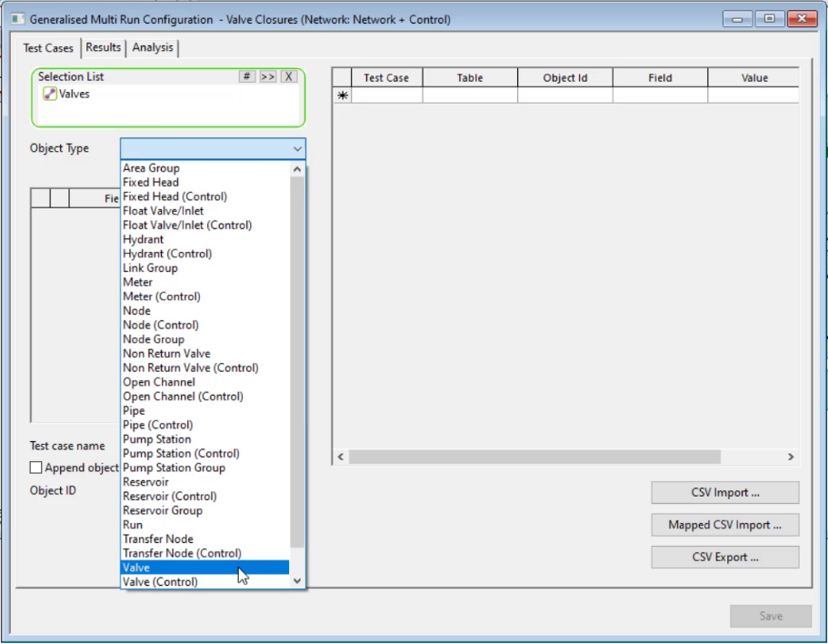 The Generalized Multi Run Configuration dialog box, with the Values selection list dropped in and the Valve object type being chosen from the Object Type drop-down.