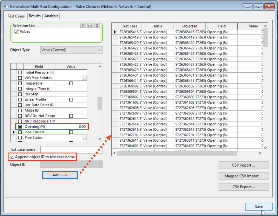 The Generalized Multi Run Configuration dialog box, with the remaining options chosen and the test cases now appearing in the test case grid.