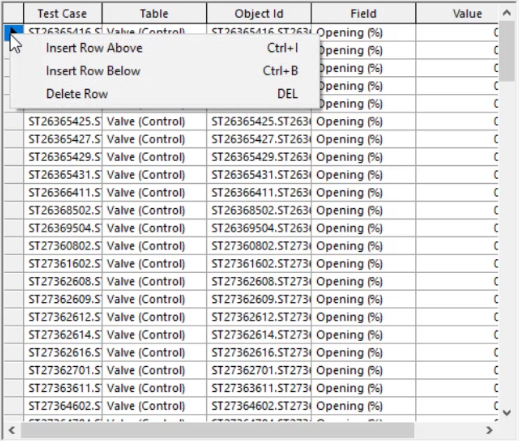 The test case grid of the Generalized Multi Run Configuration dialog box, with a row for a test case being selected for deletion and the submenu showing.