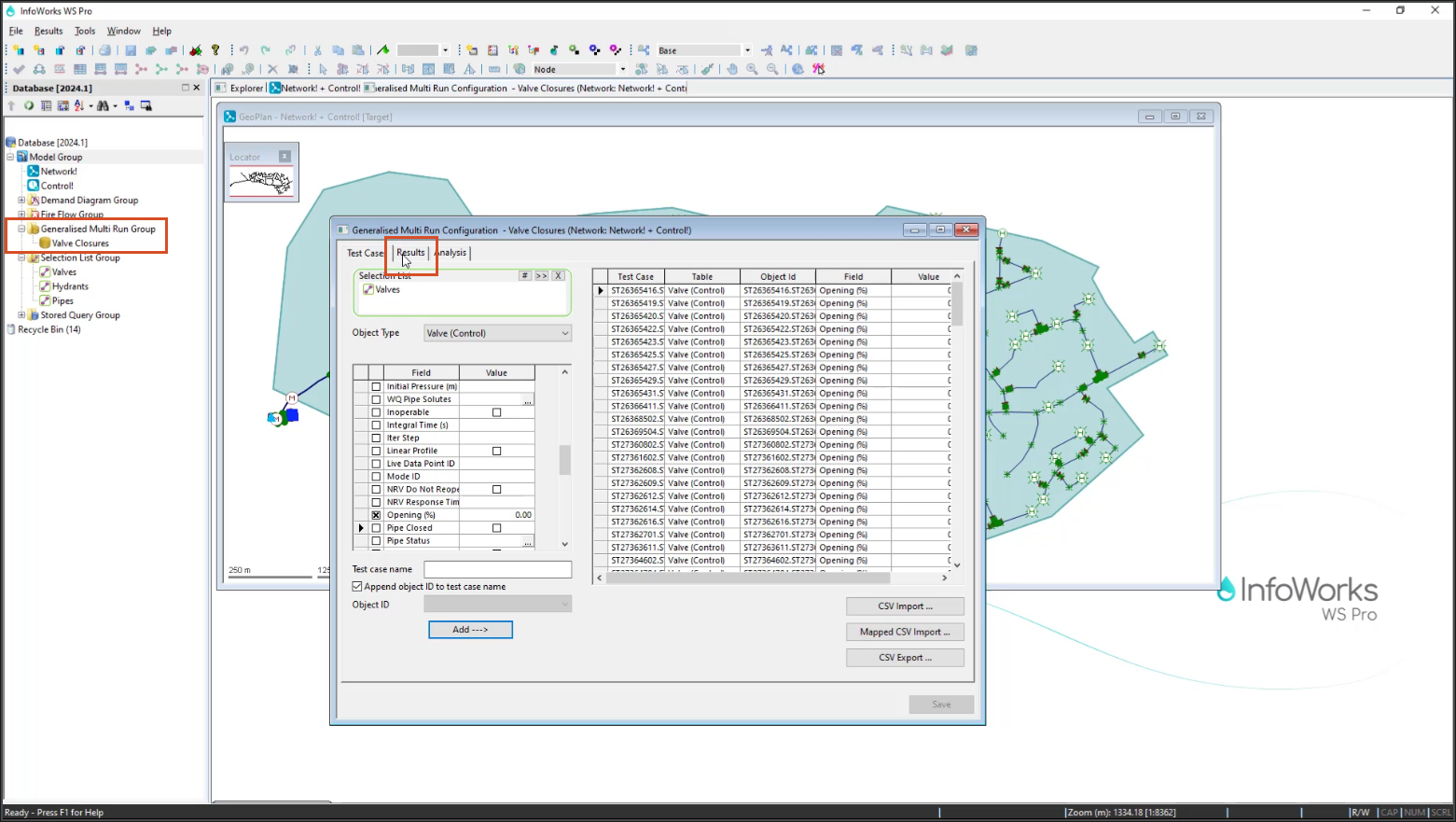 In the Model Group, the Generalized Multi Run Group expanded to display the Valve Closures GMR, both highlighted in red, and in the Generalized Multi Run Configuration dialog box, the Results tab highlighted in red.