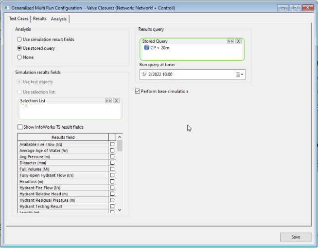 The Generalized Multi-Run Configuration dialog box open to the Analysis tab, with the option to use a stored query enabled, the query selected, and a time to run the query selected.