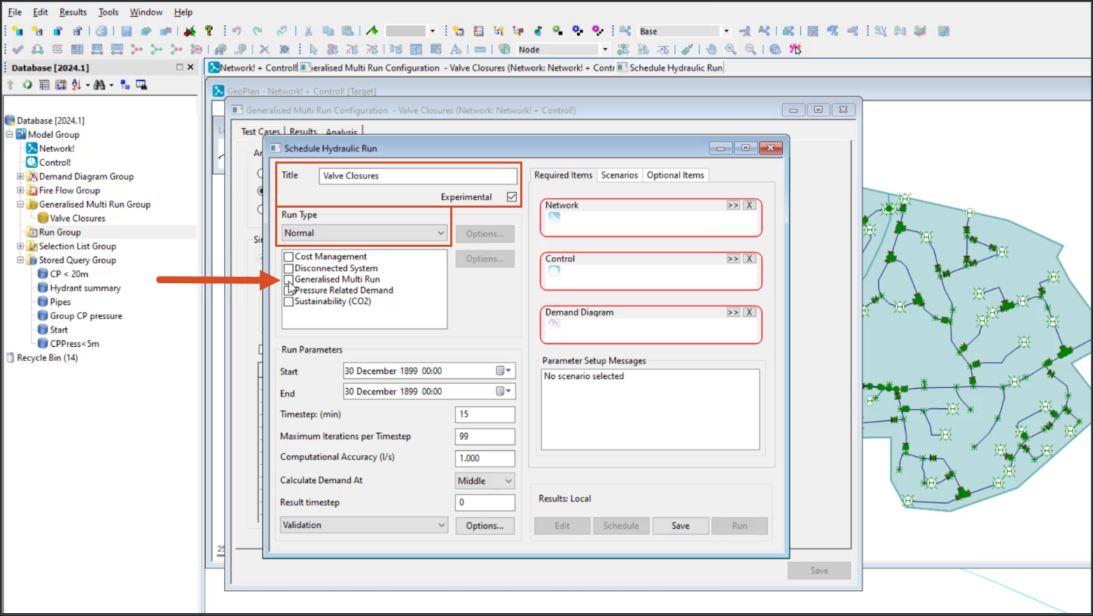 The Schedule Hydraulic Run dialog box open in front of the InfoWorks WS Pro interface, with the run title entered, Experimental enabled, Normal selected, and Generalized Multi Run about to be selected.