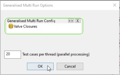 The Generalized Multi Run Options dialog box, with the GMR Configuration set to the Valve Closures run and the default 20 Test cases per thread chosen.