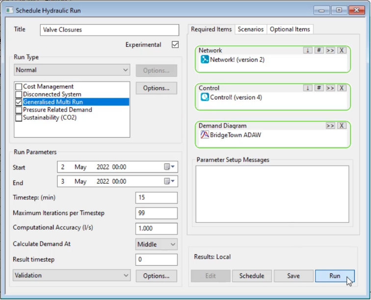 The Schedule Hydraulic Run dialog box, with the network, control, and demand diagram entered for the Valve Closures GMR.