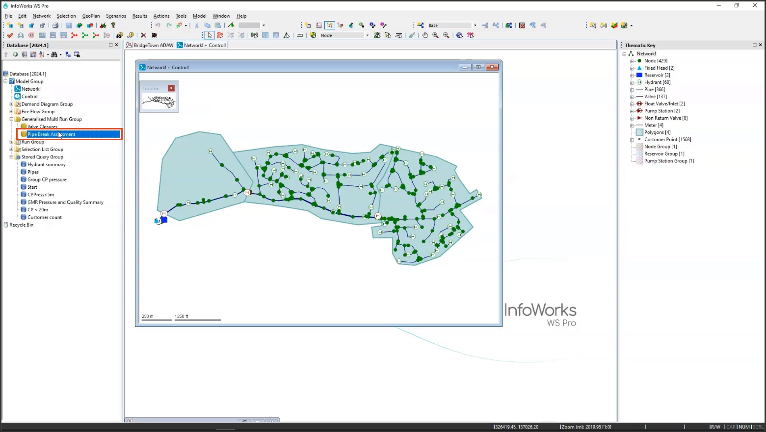 The InfoWorks WS Pro interface, with the network open in the GeoPlan and a new GMR listed in the Model Group window.