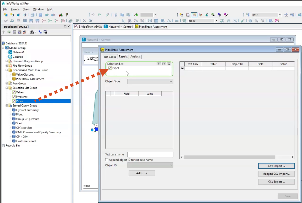 The corner of the WS Pro interface, with the Pipe Break Assessment dialog box shown next to the Model Group window, with the Pipes selection list dropped into the Selection List pane.