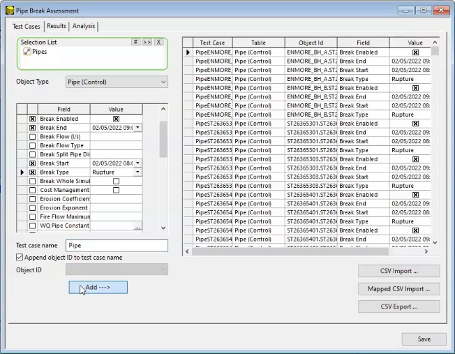 The Pipe Break Assessment dialog box, Test Cases tab, with the parameters set for this exercise, and Add clicked so that the list of test cases appears in the grid.