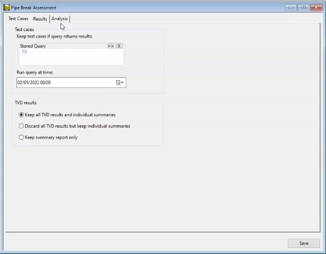 In the Pipe Break Assessment dialog box, Results tab, the option “Keep all TVD results and individual summaries” is selected.