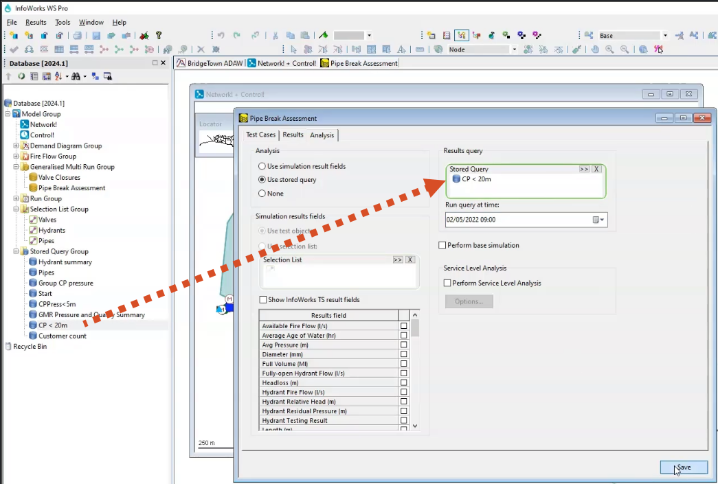 In the Pipe Break Assessment dialog box, Analysis tab, Use stored query is enabled, the query that controls the pipe size has been dropped into the Stored Query panel, and the time and date have been set for this exercise.