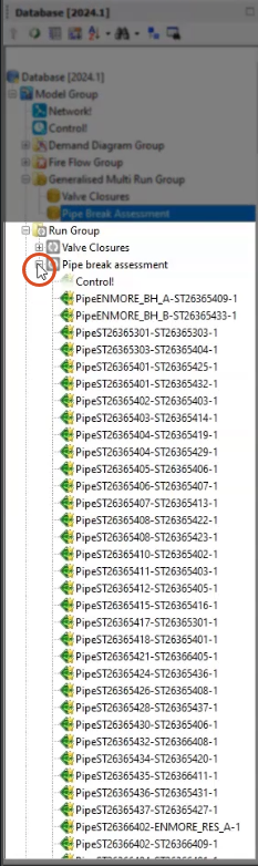 The Model Group window, with the Run Group and Pipe Break Assessment nodes expanded to see all the listed pipes from the GMR run results.