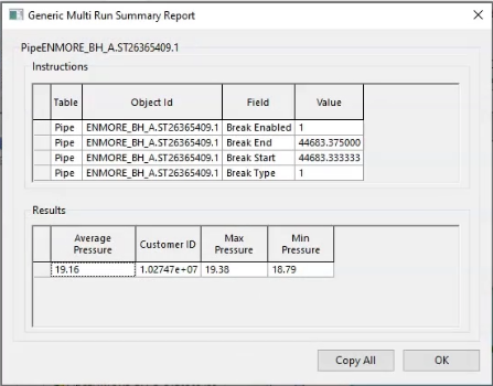 The Generic Multi Run Summary Report dialog box for a selected pipe, which lists its average pressure, ID, max pressure, and min pressure.