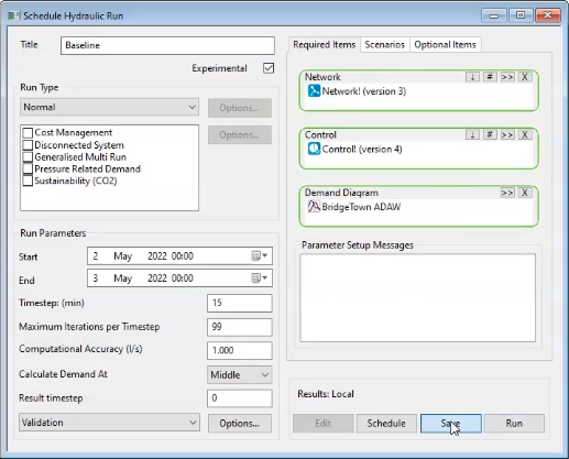 The Schedule Hydraulic Run dialog box displays with the parameters set for an experimental, normal run named “Baseline”.