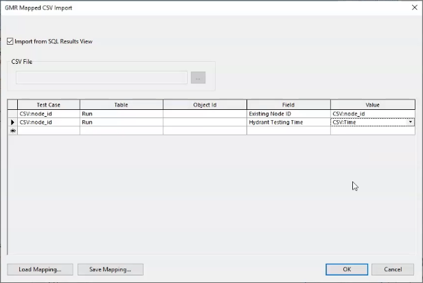 The GMR Mapped CSV Import window with Import from SQL Results View enabled and two rows of data entered in the table.