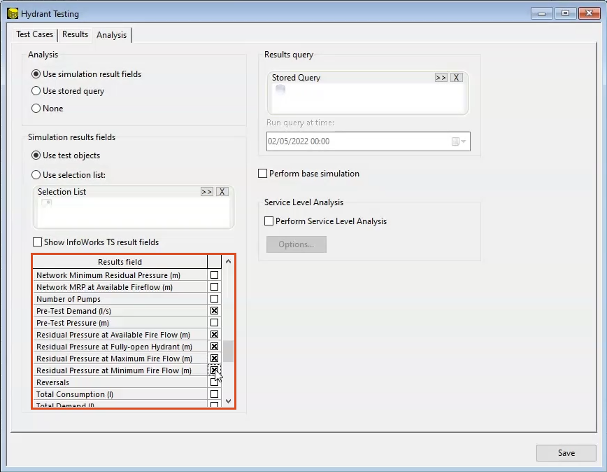 In the Hydrant Testing dialog box, Results tab, with the Results field list highlighted in red and checkboxes being selected to enable options.