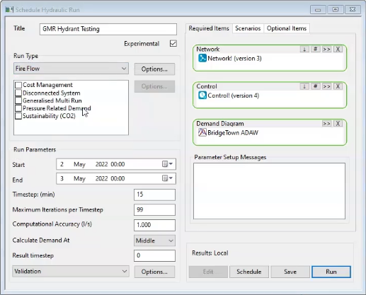 The Schedule Hydraulic Run dialog box displays with the parameters set for the GMR Hydrant Testing run.