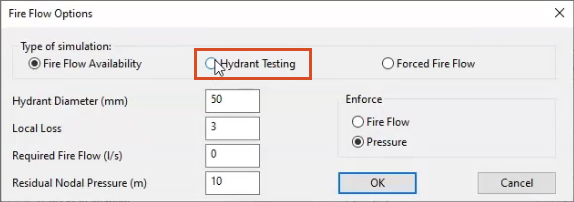 The Fire Flow Options dialog box with Hydrant Testing being selected.