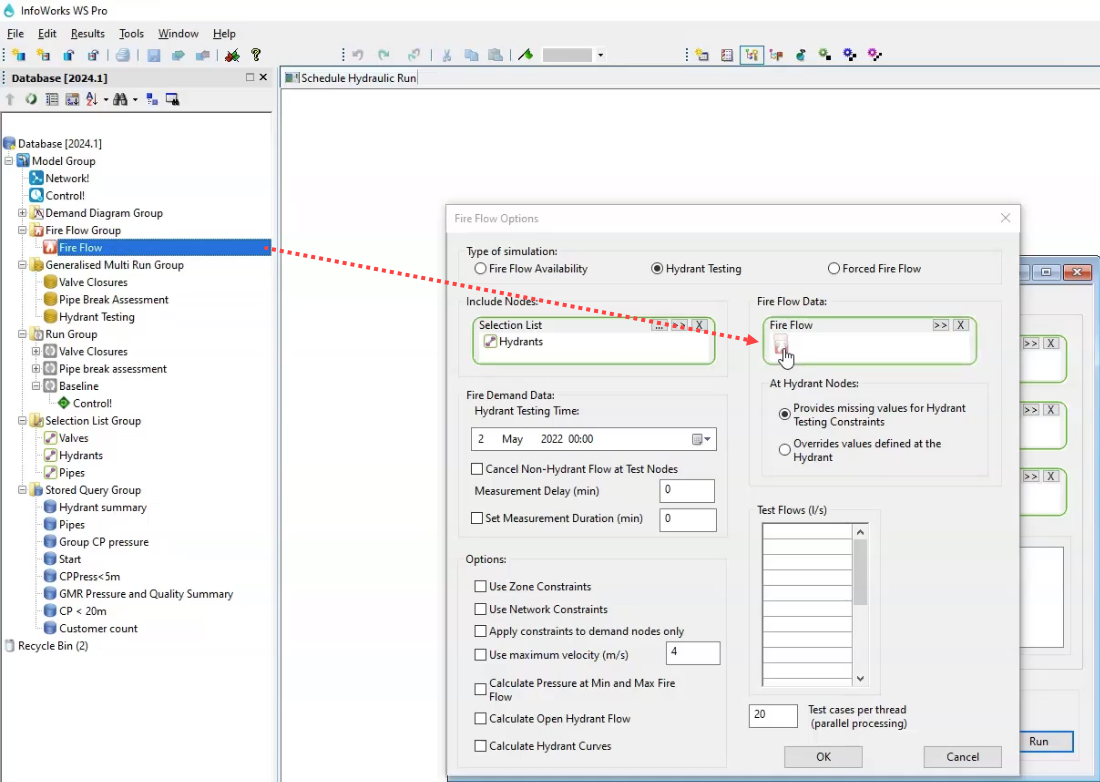 In the InfoWorks WS Pro interface, a red arrow shows the path of the Fire Flow object being dragged from the Model Group into the Fire Flow box of the Fire Flow Options dialog box.