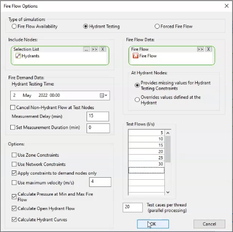 The expanded Fire Flow Options dialog box with Options selected, a list of Test Flows entered, and OK selected.