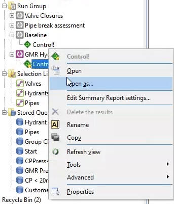 In the Model Group, under GMR Hydrant Testing, the Control shortcut menu with Open as being selected.