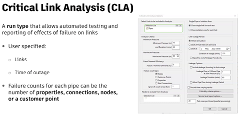 A presentation slide displays the key points of a Critical Link Analysis, including creating a run type that allows automated testing and reporting, with an image of the associated Critical Link Analysis Options dialog.