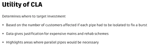 A presentation slide displays the important reasons for CLA exercises, and how they help to target investment based on customer count and data on at-risk areas.