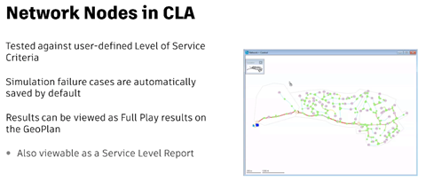 A presentation slide on network nodes in CLA, and it includes how they are tested, how failure results can be saved, and how results can be viewed as animations in the GeoPlan.