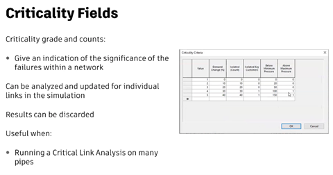 A presentation slide describes the purpose of criticality fields, and that the criticality grade and counts give an indication of the significance of the failures within the network.