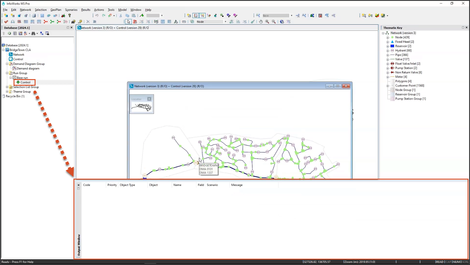 The WS Pro interface, showing an empty Output window after the Control was opened as validation results and no errors were found.