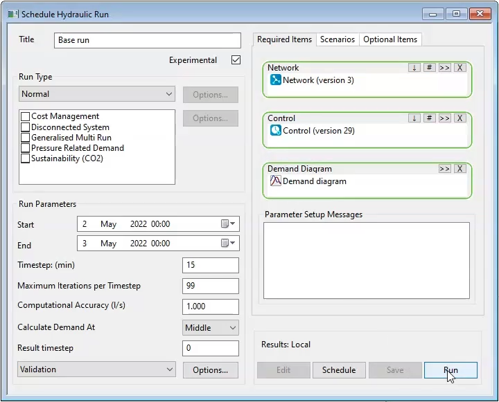 The Schedule Hydraulic Run dialog box displays the parameters set for the base run.